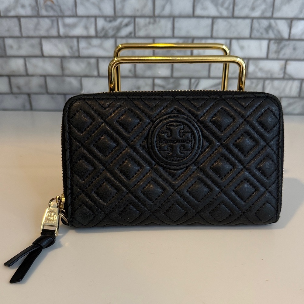 Tory Burch Black Quilted Wallet with Gold Accents